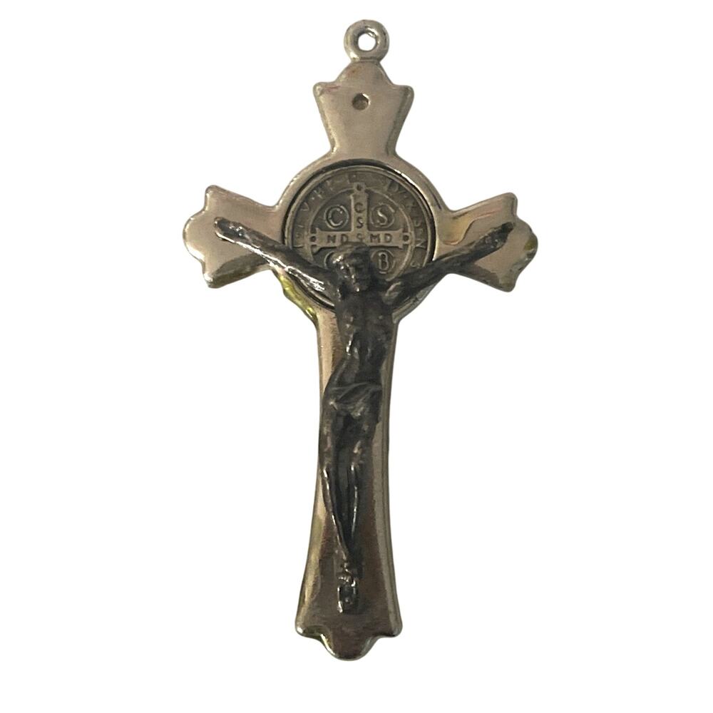 Saint St Benedict Medal Crucifix Cross Silver Tone Pendant Vintage Made in Italy